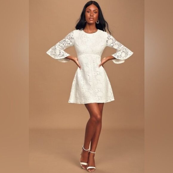 Lulus Favorite Flair White Lace Flounce Sleeve Dress Size Small Romantic - Picture 1 of 15
